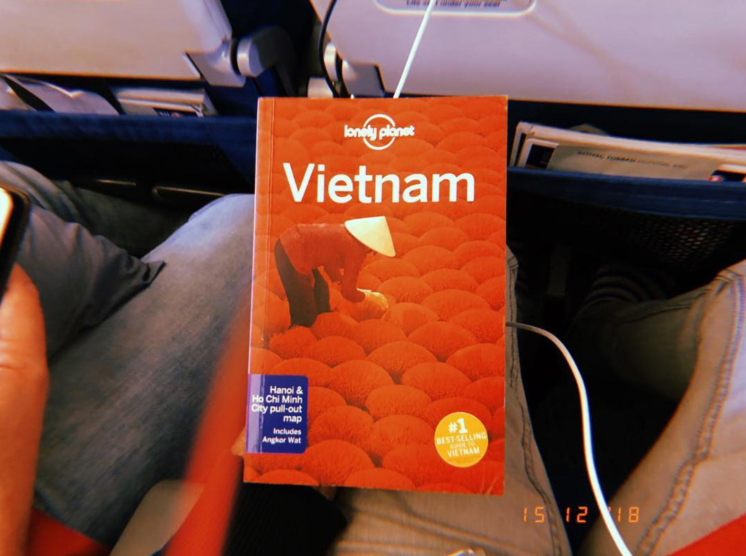 Lonely Planet Guide Book to Vietnam being red on airplane