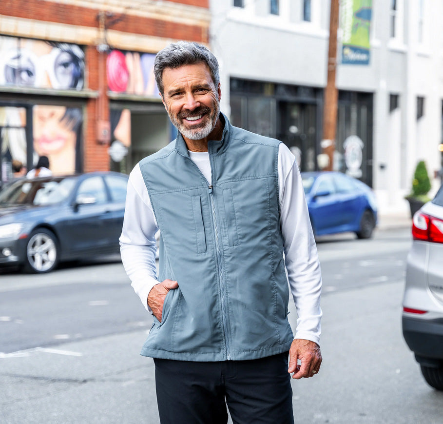 Man with grey hair wearing grey travel multi pocket scotte vest