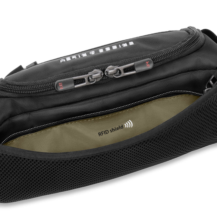 Sling bag features RFID shield pocket to keep info secure.