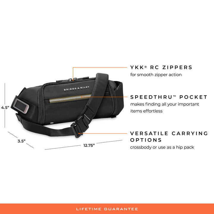 Sling bag features YKK RC zippers with smooth action