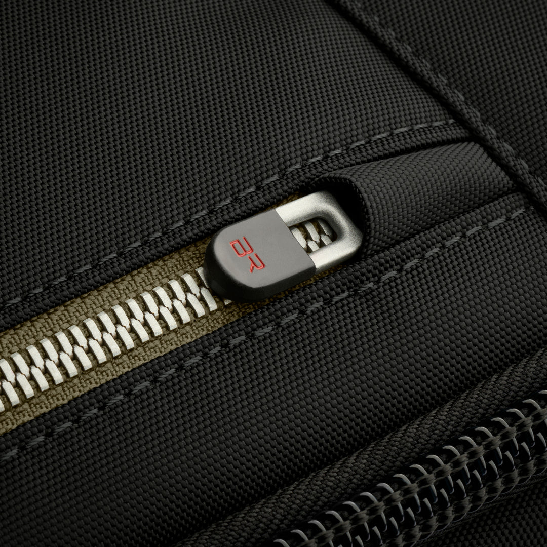 Upclose of Briggs and Riley quality zippers and materials