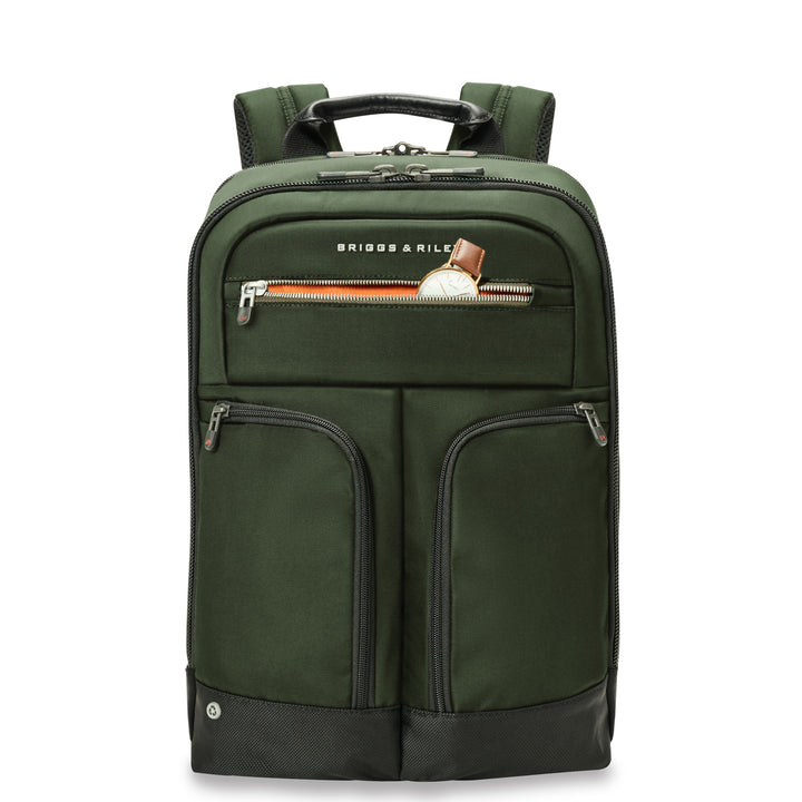 Slim backpack has front speed thru pocket for ID and passport or watch