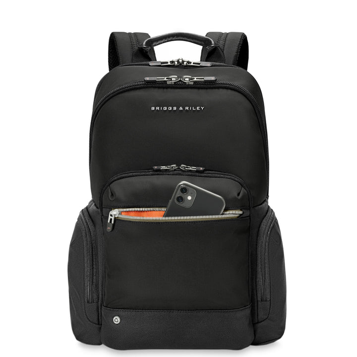 Cargo backpack has front zip pocket for phone