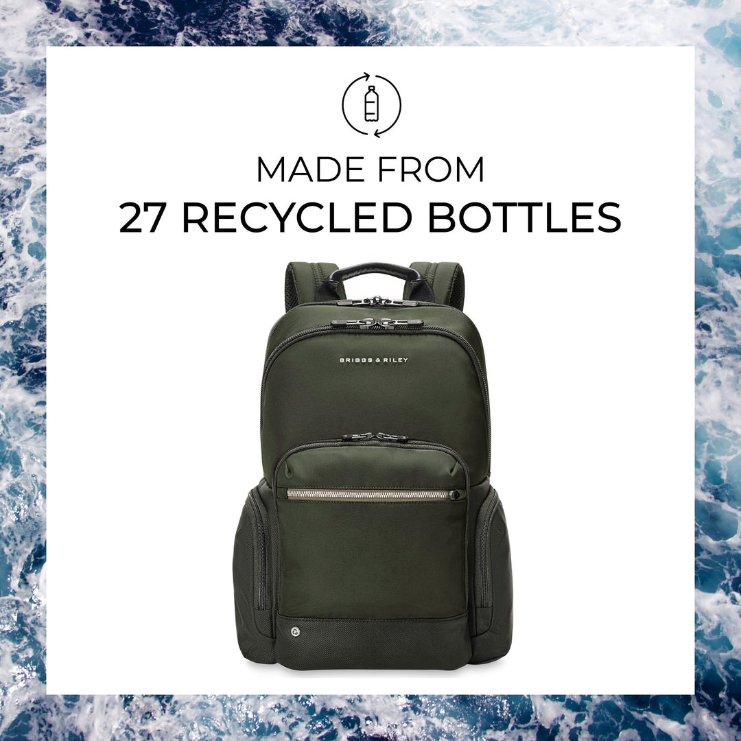 Briggs and Riley Medium Forest Green Cargo Backpack is made from 27 Recycled Bottles