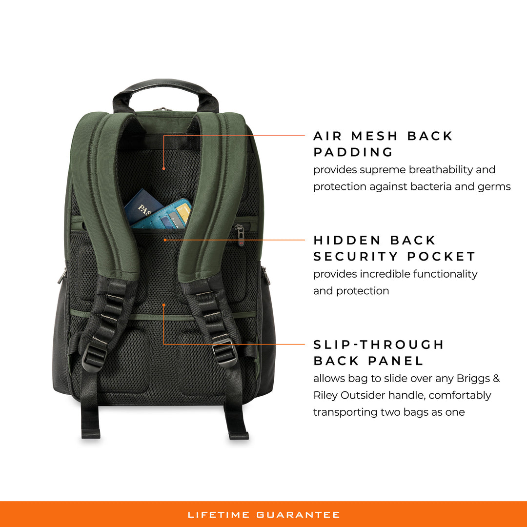 Green cargo backpack features hidden security pocket on back