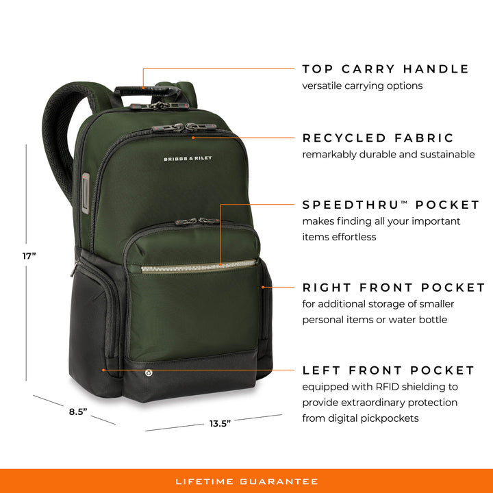 Briggs & Riley Forest Green Med Cargo Backpack features Left front pocket with RFID shield