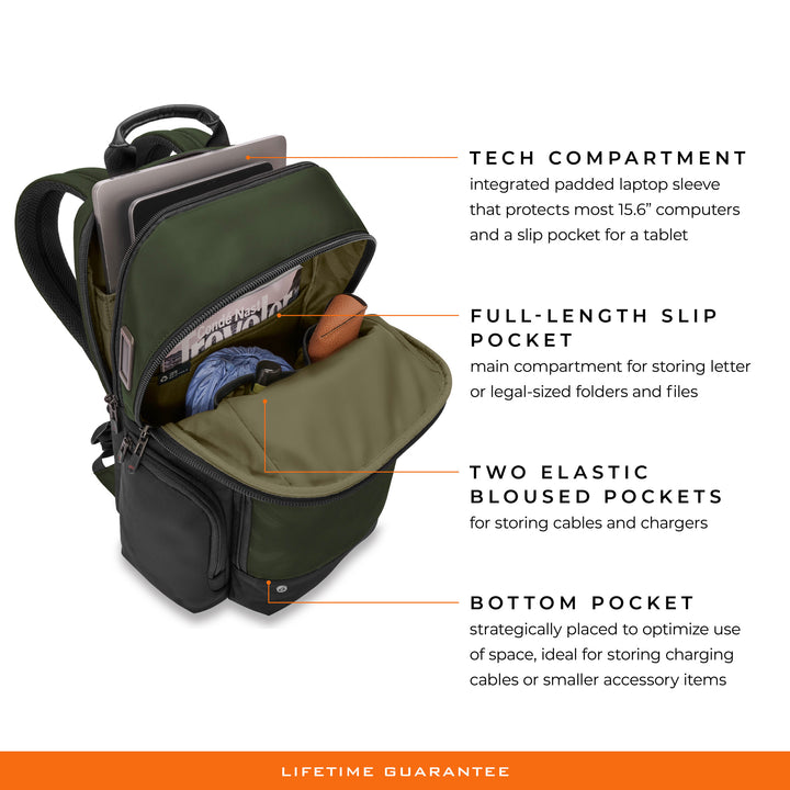 Green cargo backpack has laptop sleeve compartment inside