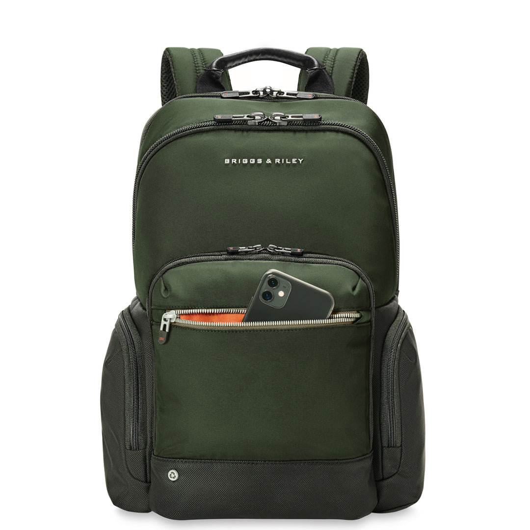 Green cargo backpack has zippered front pocket for phone