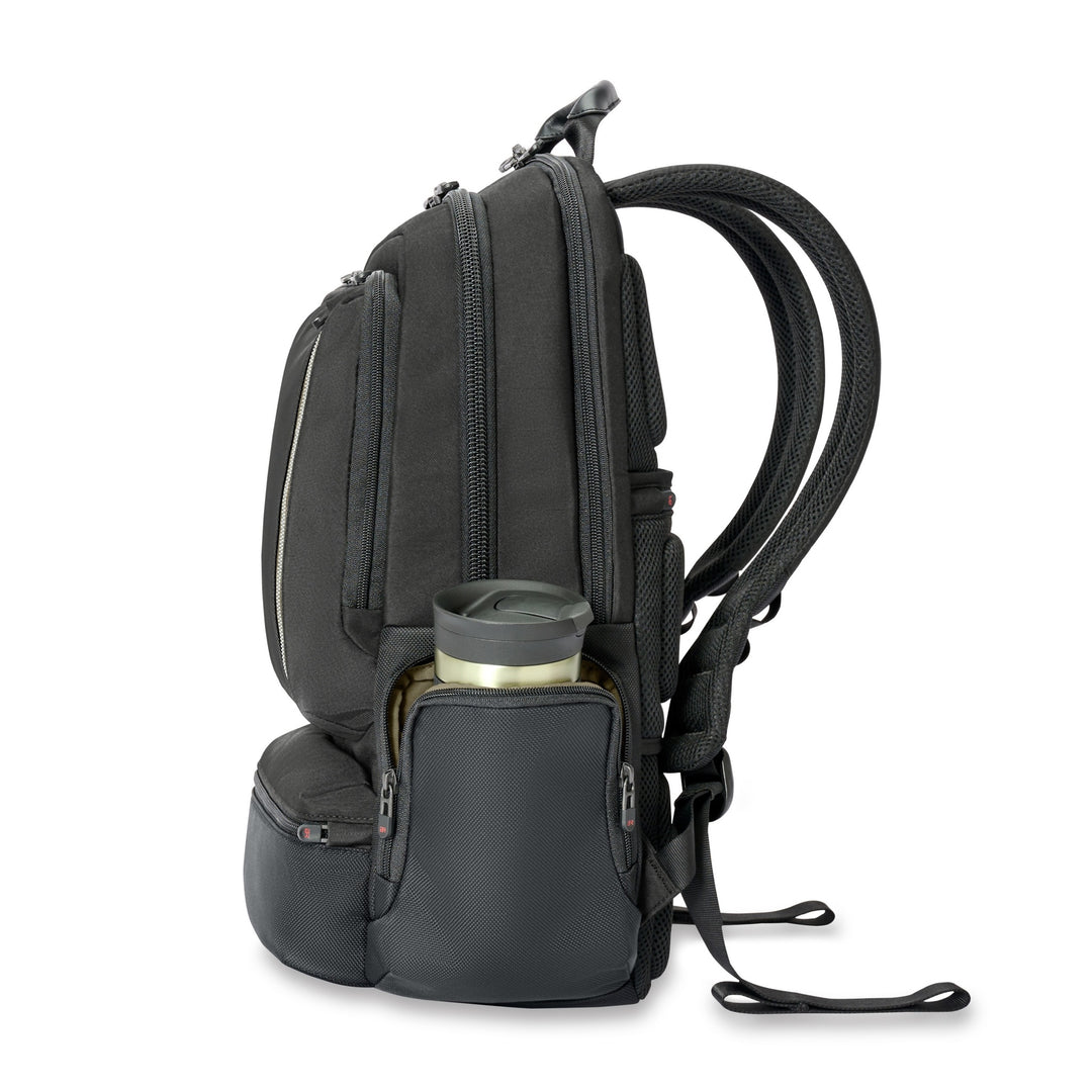 Briggs and Riley Large HTA backpack has side pocket for coffee cup or water bottle