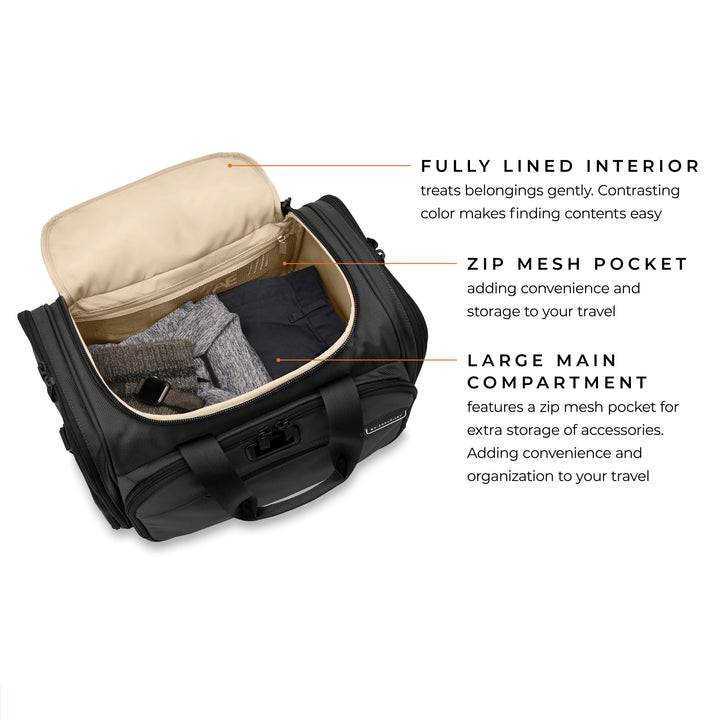 Briggs & Riley Baseline Underseat Duffle has fully lined interior with contrasting color