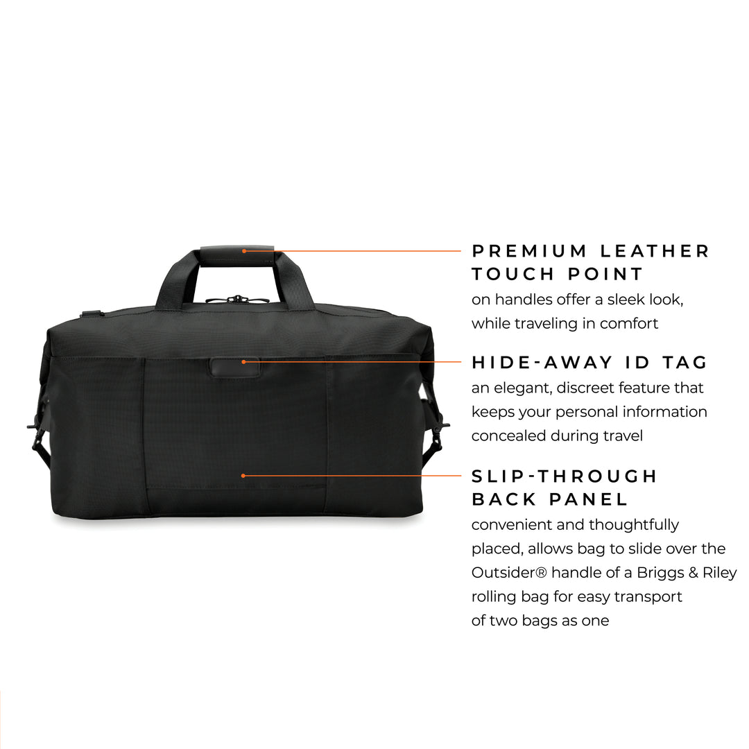 Duffel bag has premium leather touch points on handle