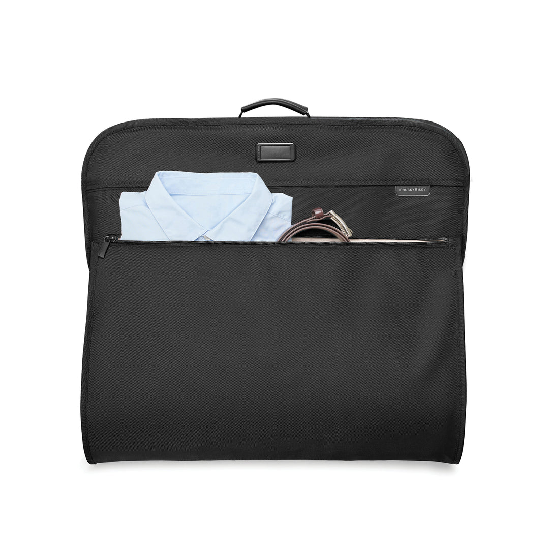 Briggs & Riley Baseline Classic Garment Bag with shirt and belt in front zipper pocket