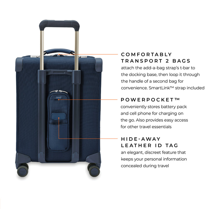 Back of navy blue international carry on has power pocket to easily charge phone or tablet