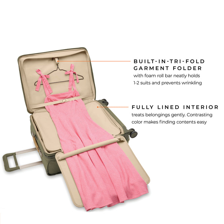 Medium suitcase with built in tri fold garment older holds 2 dresses shown with red dress