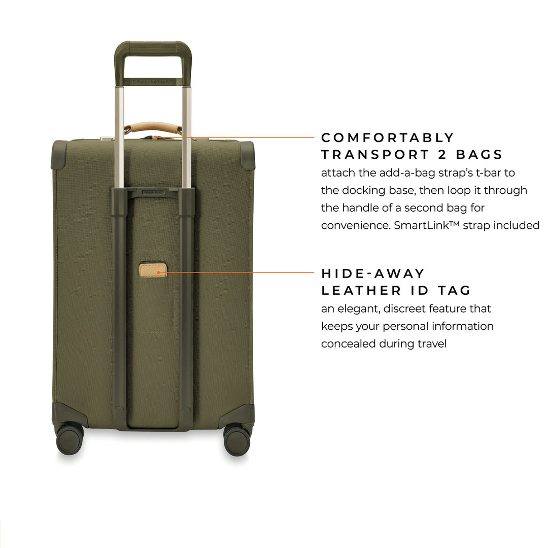 Back of Baseline Briggs and Riley Medium Expandable Spinner Suitcase with Hideaway leather ID tag