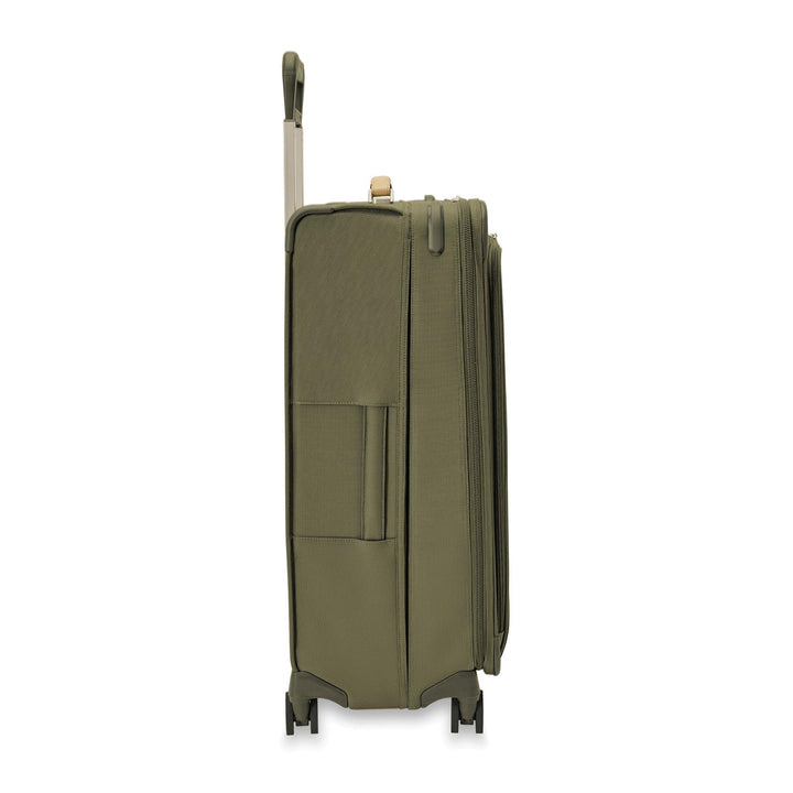 Side view of briggs and riley olive green large expandable luggage compressed