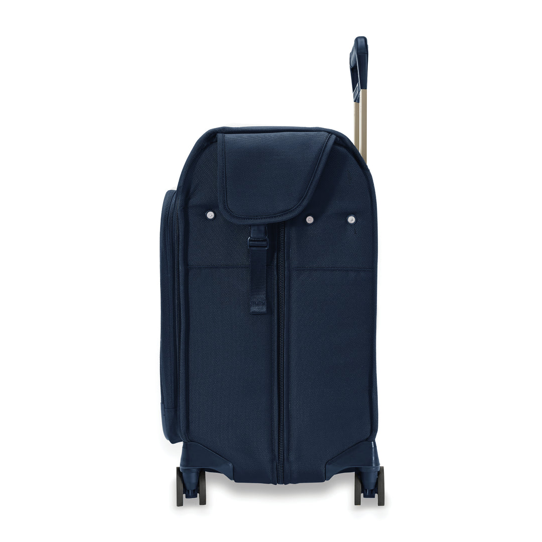 Side view of Navy Blue Briggs & Riley Baseline Deluxe Wardrobe Spinner