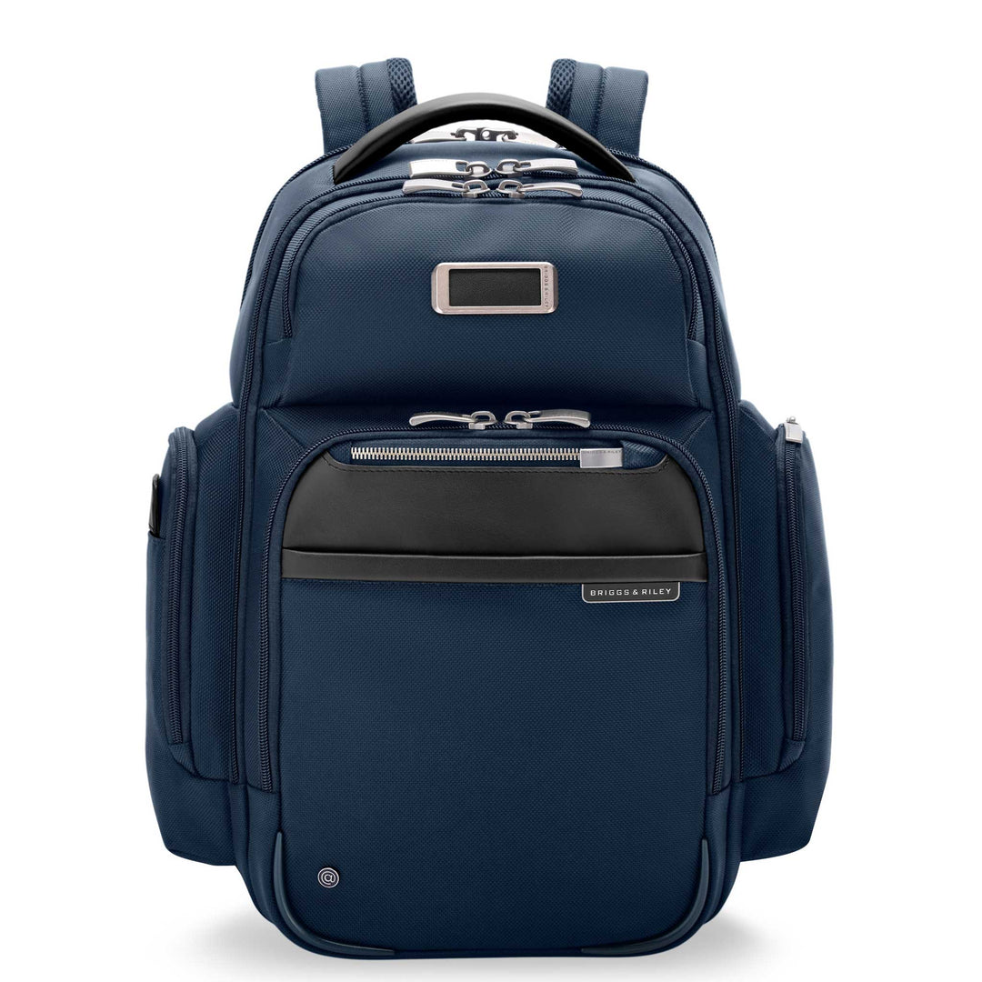 Briggs and riley navy blue cargo backpack size med front view