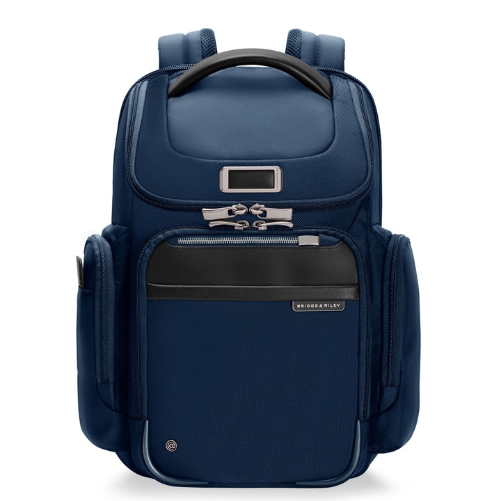 Front view of wide mouth navy backpack