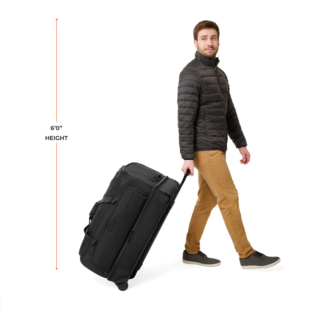 Male model is 6 foot tall and wheels Large duffel bag