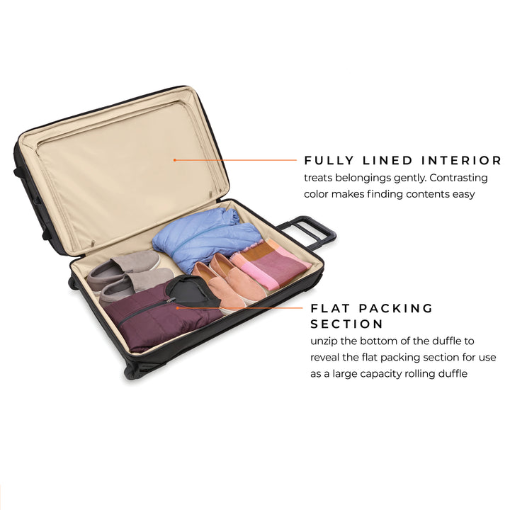 Bottom compartment of Baseline large duffel bag has flat packing section.