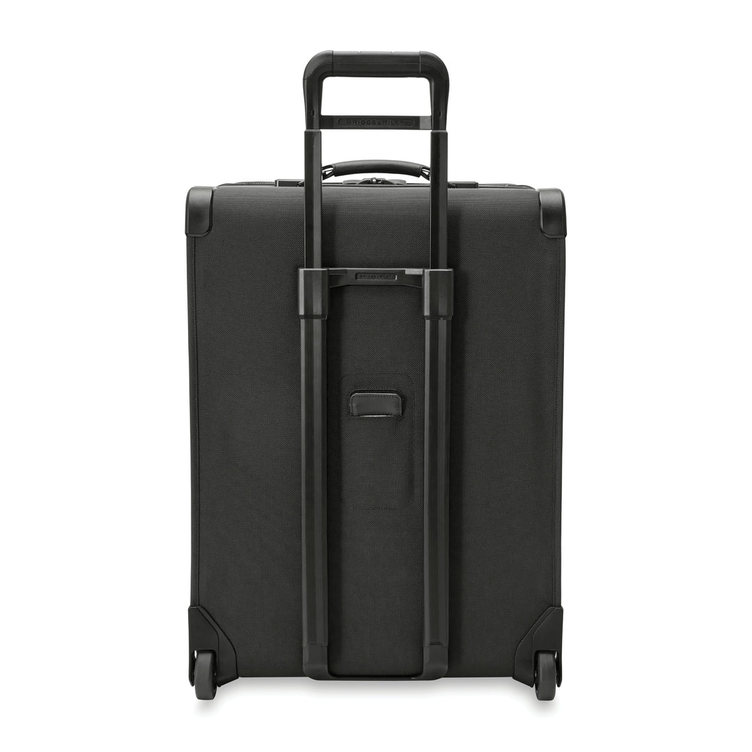 Back side of medium upright two wheel luggage features outsider handle