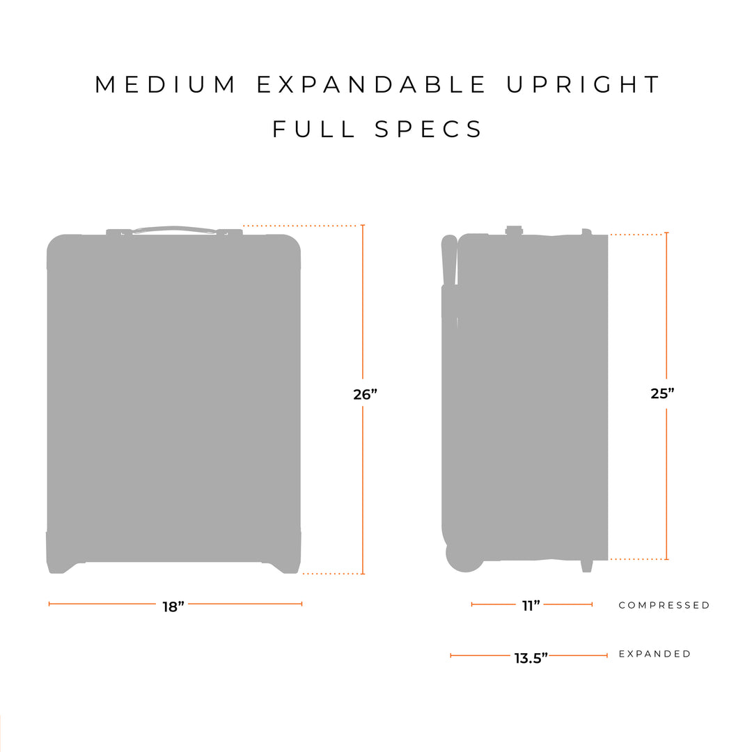 Medium suitcase is 26 inches by 18 inches exterior dimensions with handles and wheels