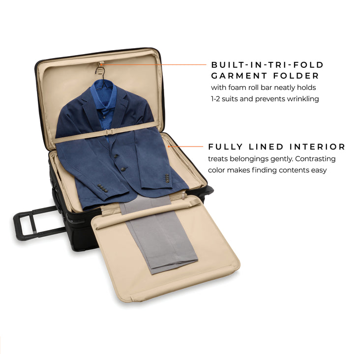 Built in tri fold garment folder with foam roll bar neatly holds one or 2 suits