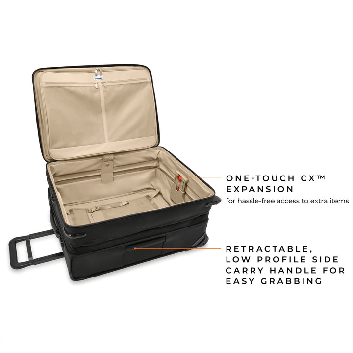 Medium suitcase features one touch expansion for hassl free access to extra items