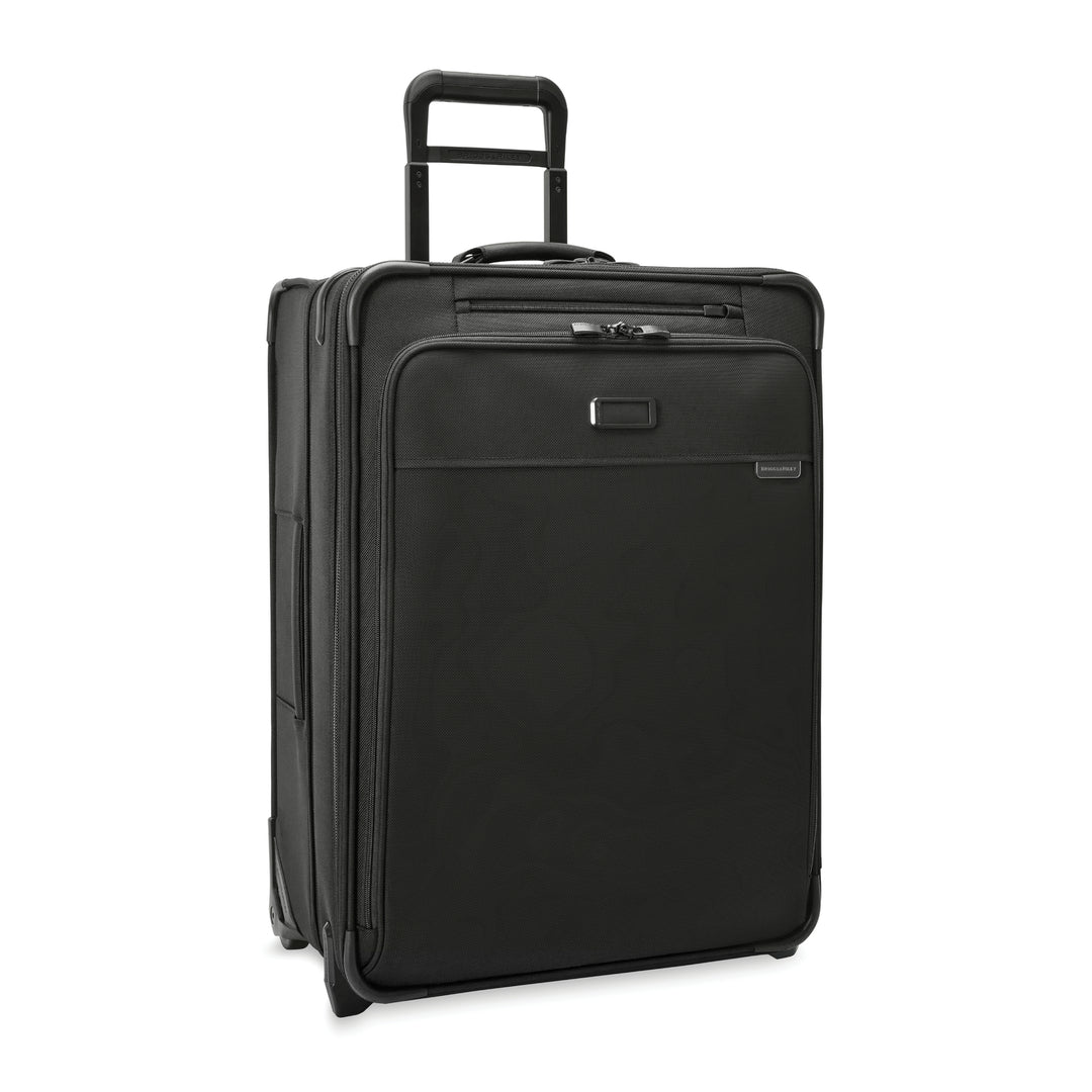 Medium expandable Upright Suitcase in black has 2 wheels and 2 wedged feet