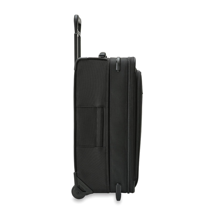 Side view of medium upright two wheel suitcase in black