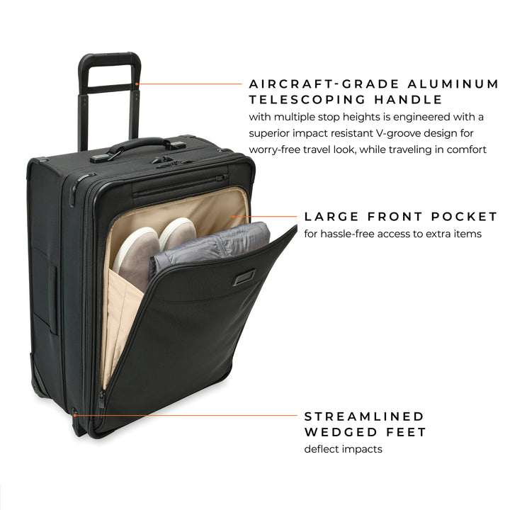 Front pocket of medium upright luggage features is large for hassle free access to extra items