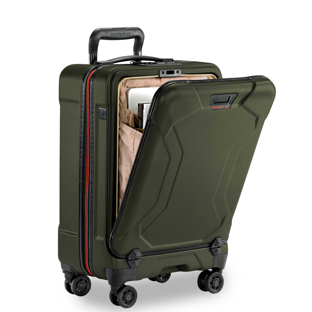 Hunter green upright luggage open front panel