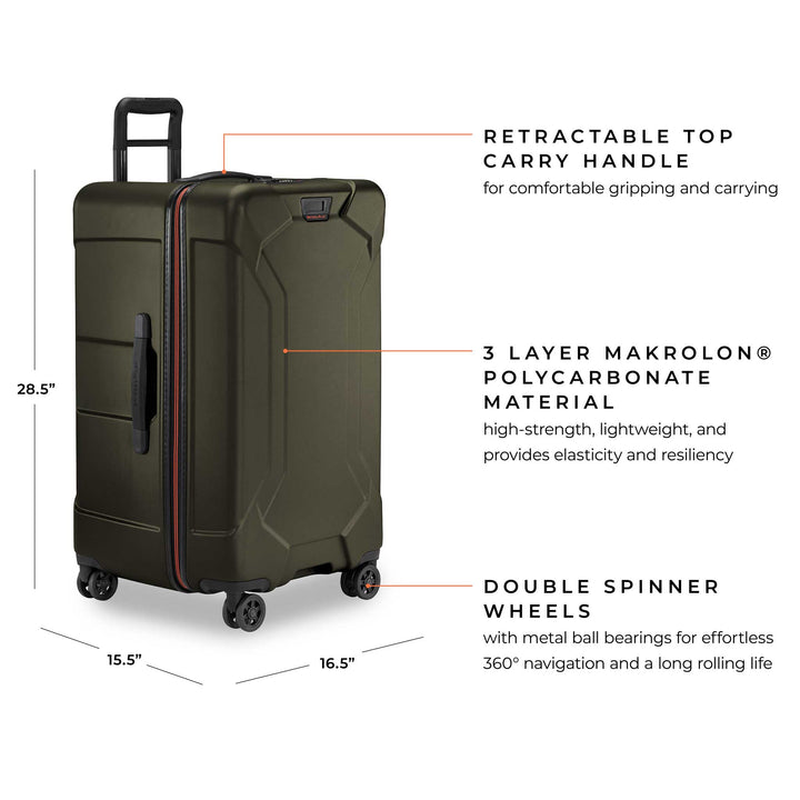 Briggs & Riley Torq Medium Hardside Trunk Spinner Green upright features double spinner wheels