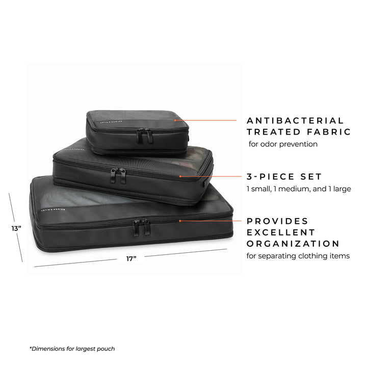 Check in packing cube set features small, medium and large cubes