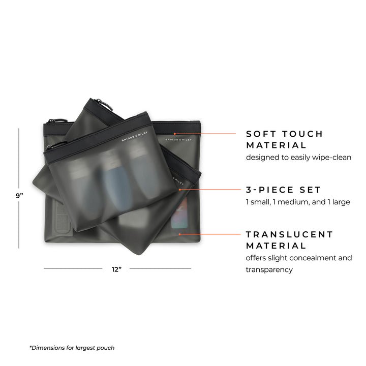 Translucent pouch set features one small, one medium and one large pouch