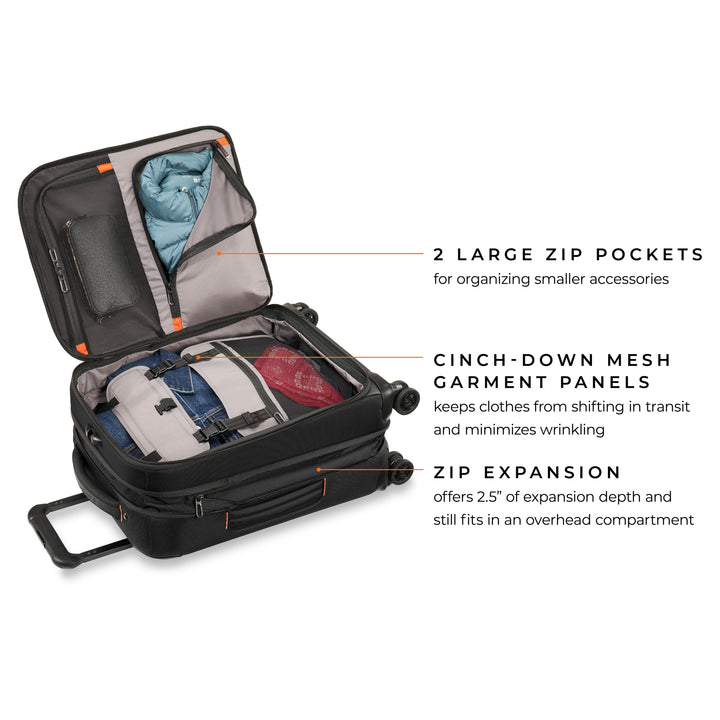 Briggs & Riley ZDX International 21" Carry-On Expandable Spinner interior features 2 large zip pockets