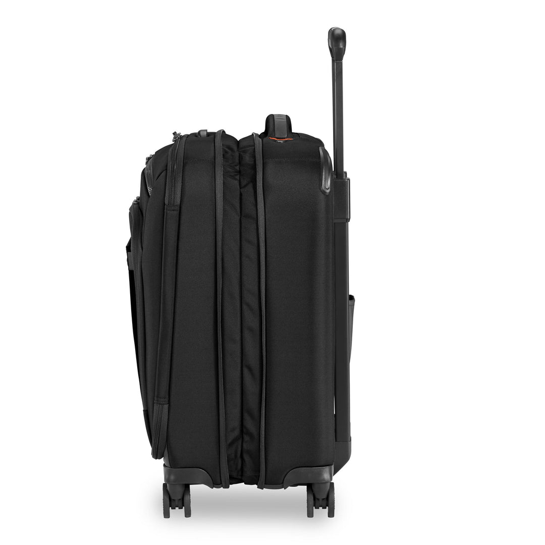 Side view shows Briggs & Riley ZDX International 21" Carry-On Expandable Spinner completely expanded