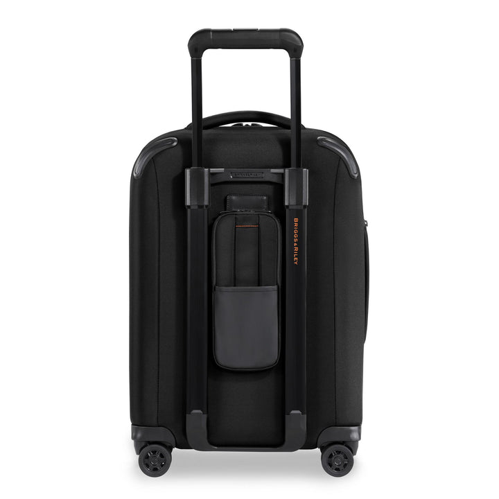 Back of Briggs & Riley ZDX International 21" Carry-On Expandable Spinner has room for power bank to charge phone