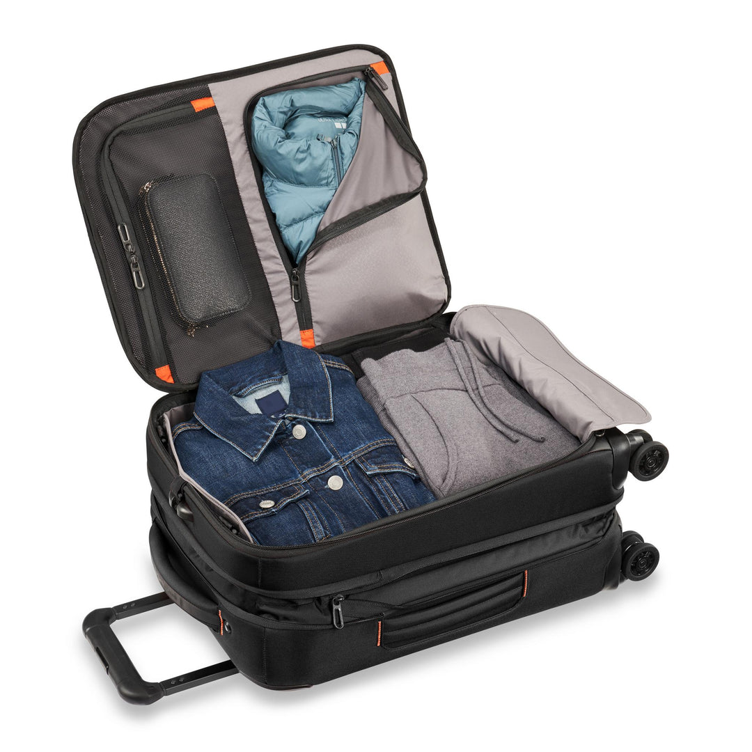 Briggs & Riley ZDX International 21" Carry-On Expandable Spinner Packed with jean jacket and sweatpants