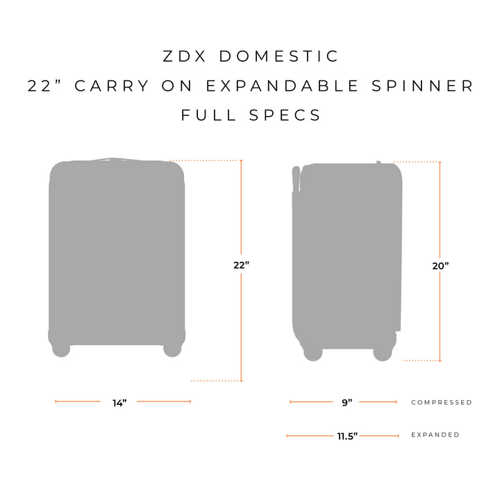 ZDX Domestic 22" Carry-On Expandable Spinner is 22 inches tall with handle and wheels