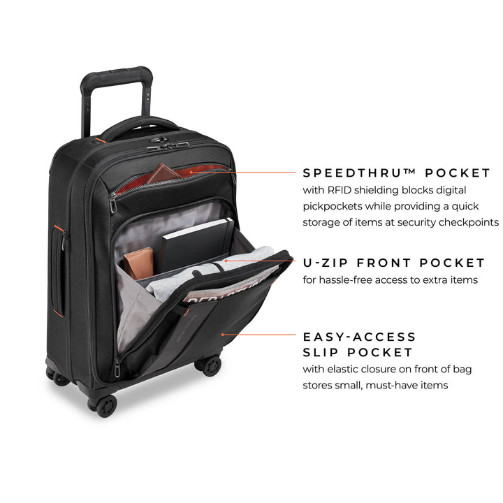 Briggs & Riley ZDX Domestic 22" Carry-On Expandable Spinner has Speedthru pocket with rfid shield to store passport for checkpoints