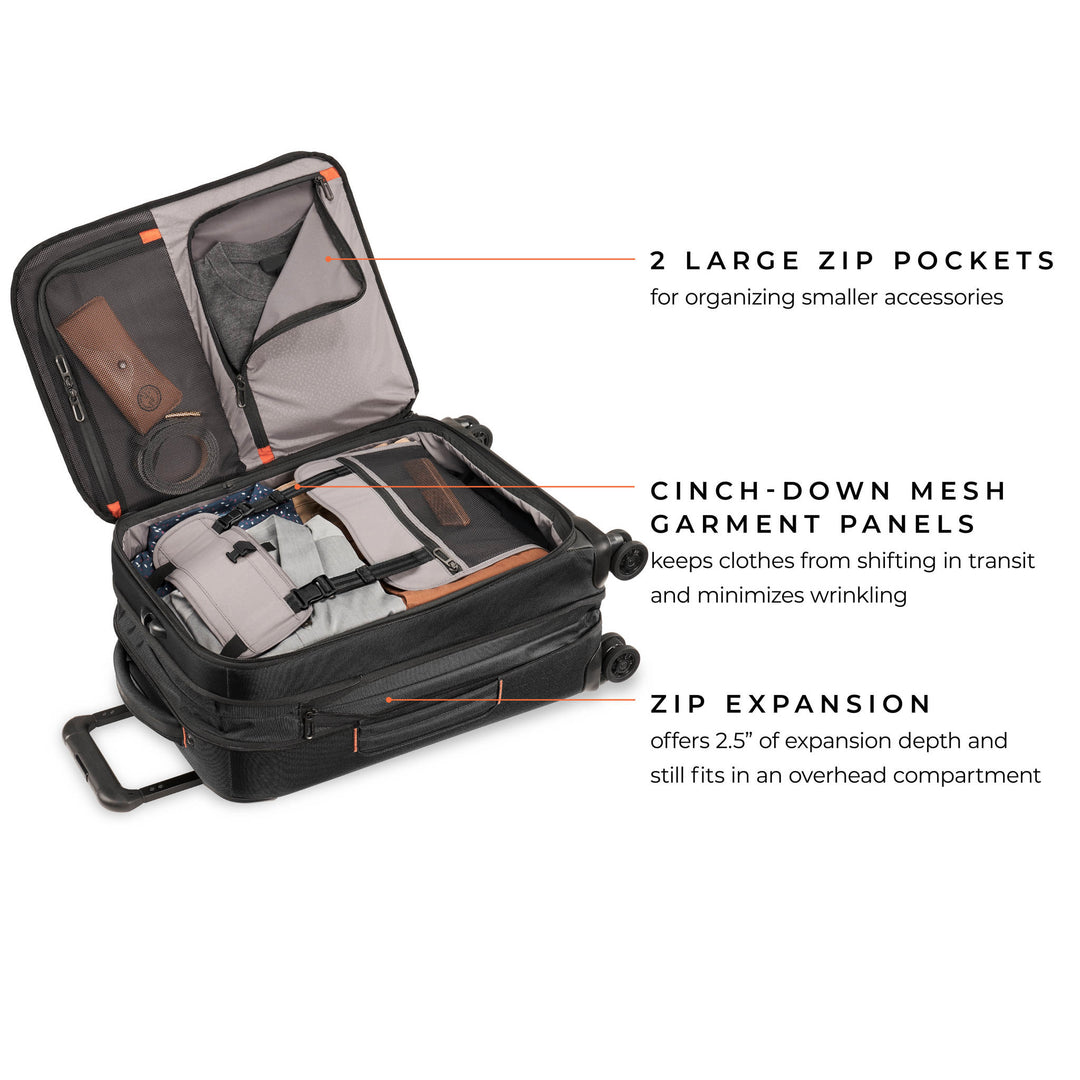 Briggs & Riley ZDX Domestic 22" Carry-On Expandable Spinner Interior has 2 large zip compartments