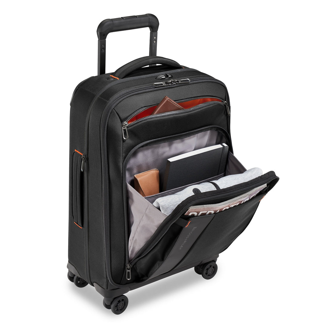 Briggs & Riley ZDX Domestic 22" Carry-On Expandable Spinner has wide front pocket for easy access to journal, book, hoodie and glasses