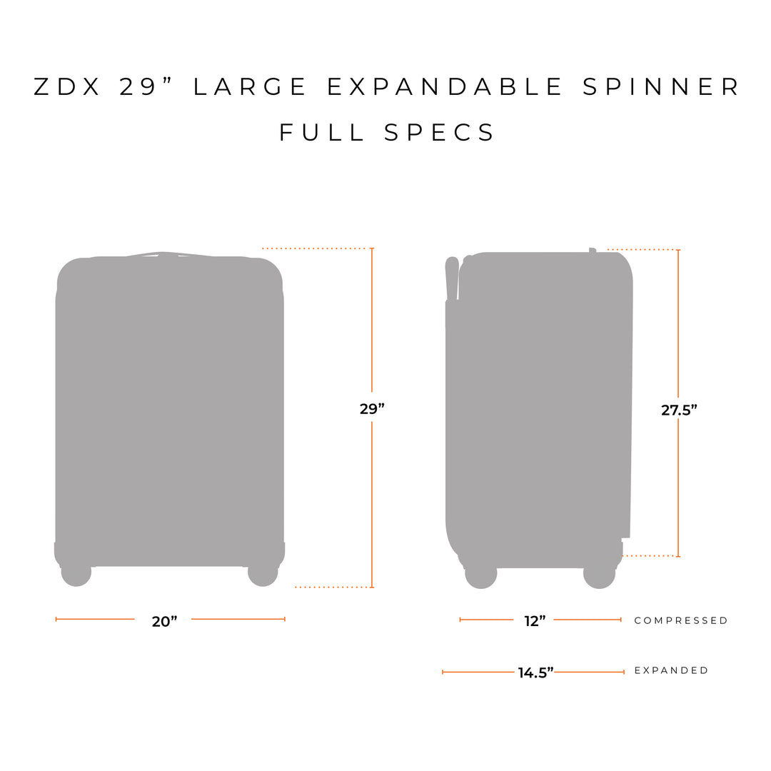 Back view of Briggs & Riley ZDX Large Expandable Spinner with hide away ID tag is 29 inches tall with handle and wheels