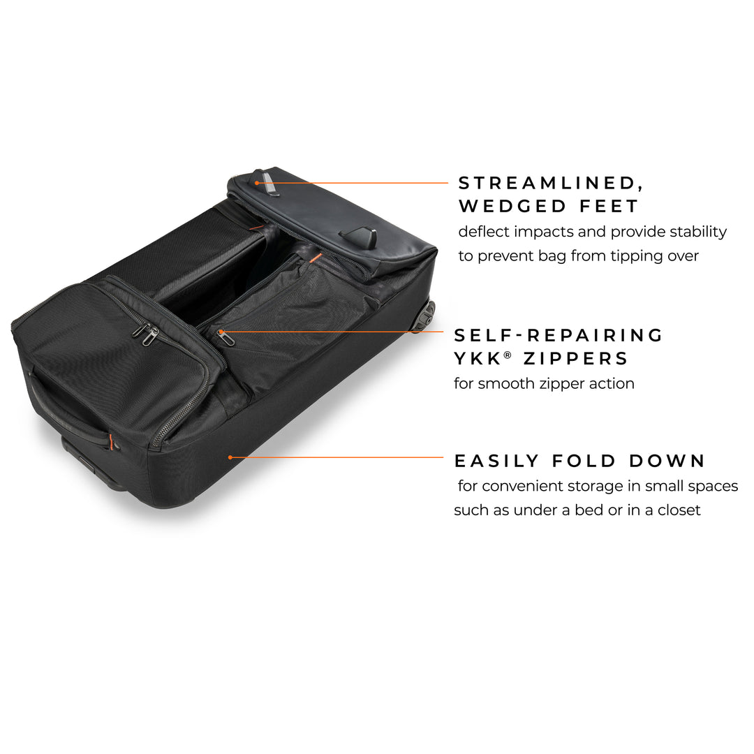 Briggs & Riley ZDX Medium Upright Duffle has streamlined wedged feet to deflect impacts and provide stability 