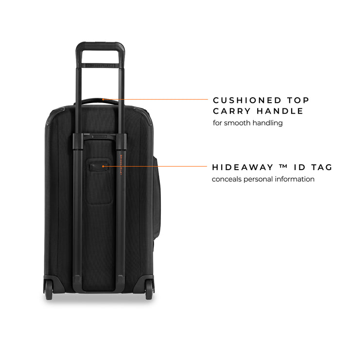 Briggs & Riley ZDX Medium Upright Duffle has cushioned top carry handle and hideaway ID tag to conceal personal info