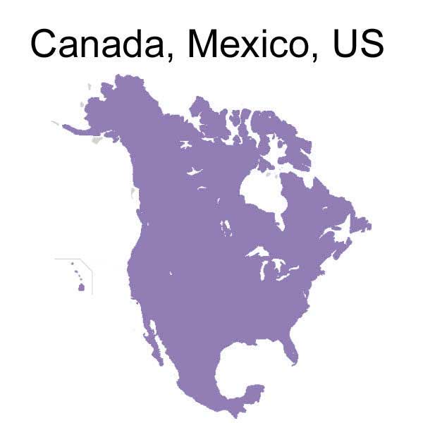 North America travel adapter map in purple includes canada mexico and us