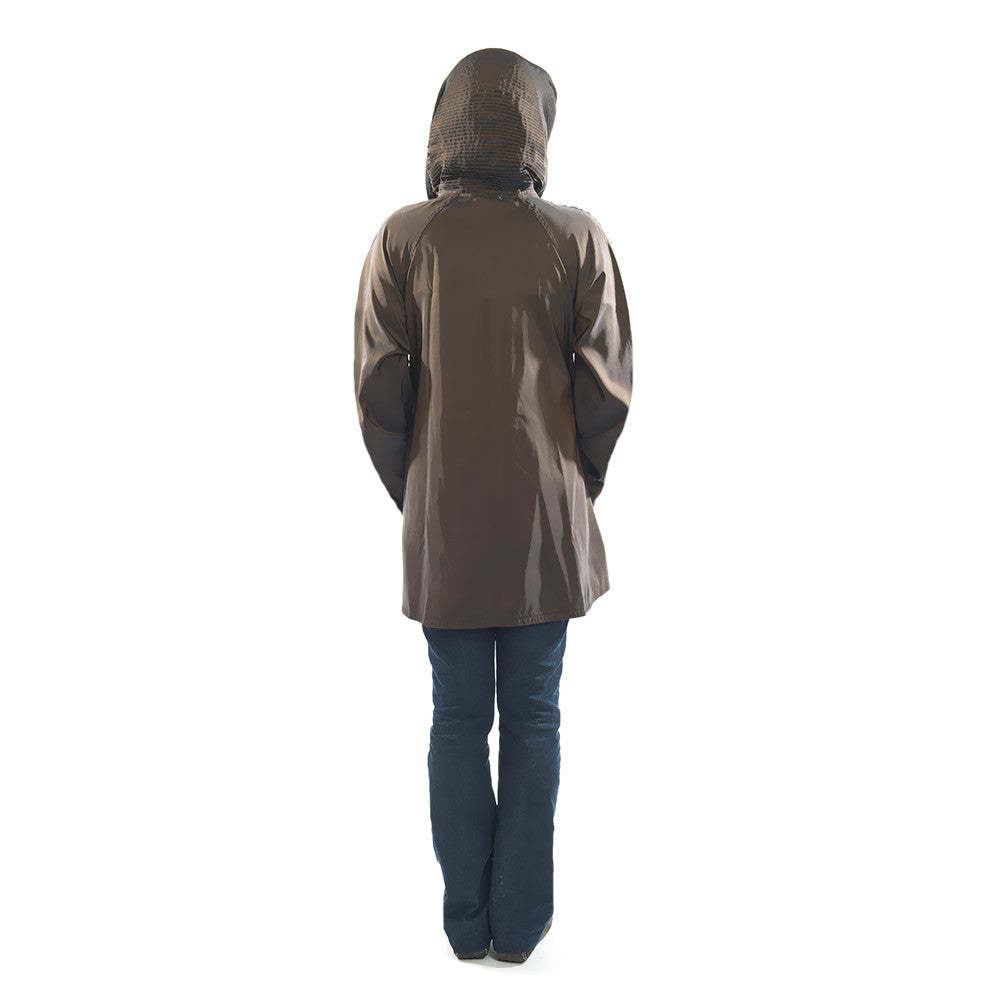 Rain Gear Jacket Back View with Large Oversized Hood in Color Brown Bronze