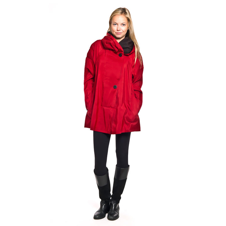 Red Mini Mycra Pac Rain Jacket Worn on Lady